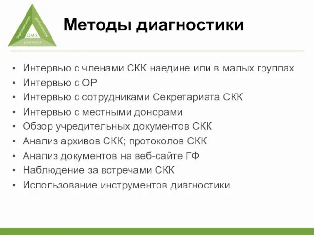 Методы диагностики Интервью с членами СКК наедине или в малых группах Интервью