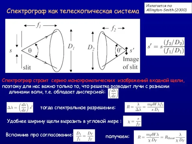 Спектрограф как телескопическая система Излагается по Allington-Smith (2000) Спектрограф строит серию монохроматических