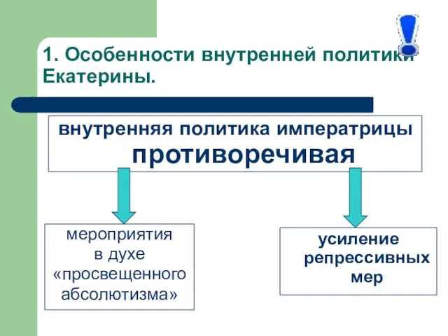 1. Особенности внутренней политики Екатерины. внутренняя политика императрицы противоречивая мероприятия в духе