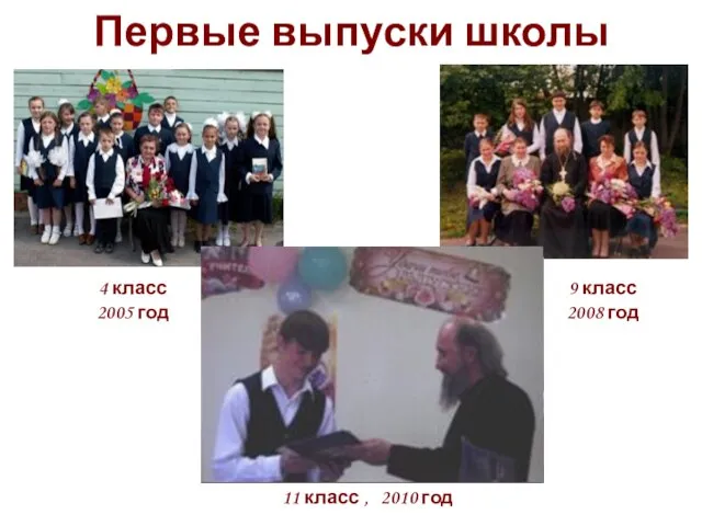 Первые выпуски школы 4 класс 2005 год 9 класс 2008 год 11 класс , 2010 год