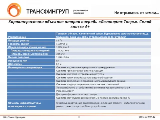 Характеристики объекта: вторая очередь «Логопартс Тверь». Склад класса А+