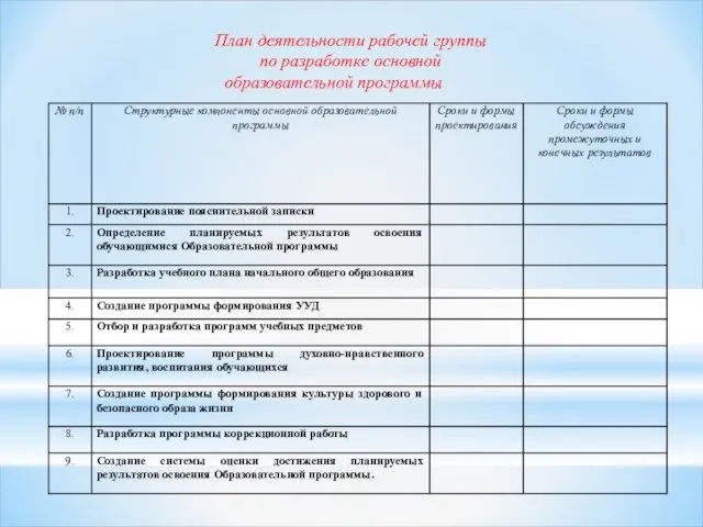 План деятельности рабочей группы по разработке основной образовательной программы