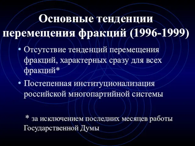 Основные тенденции перемещения фракций (1996-1999) Отсутствие тенденций перемещения фракций, характерных сразу для