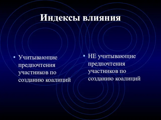 Индексы влияния Учитывающие предпочтения участников по созданию коалиций НЕ учитывающие предпочтения участников по созданию коалиций