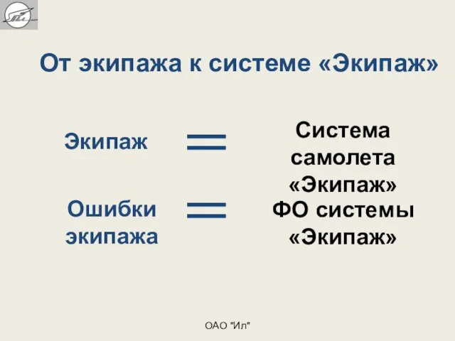 Экипаж Система самолета «Экипаж» Ошибки экипажа ФО системы «Экипаж» От экипажа к системе «Экипаж» ОАО "Ил"