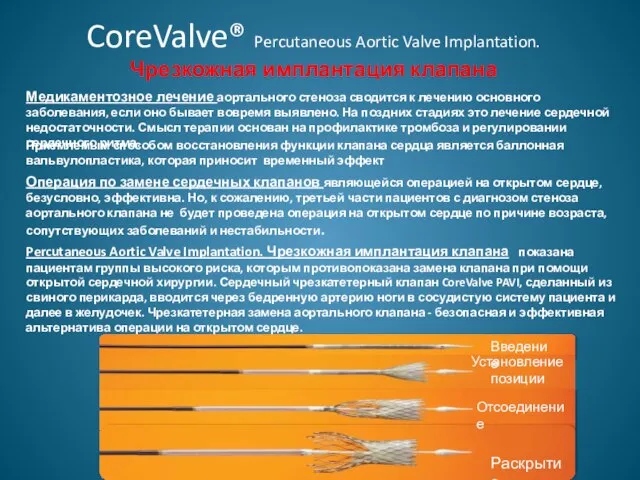 CoreValve® Percutaneous Aortic Valve Implantation. Чрезкожная имплантация клапана Медикаментозное лечение аортального стеноза