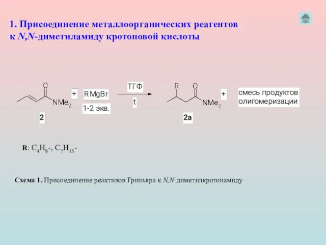 R: C4H9-, C7H15- 1. Присоединение металлоорганических реагентов к N,N-диметиламиду кротоновой кислоты Схема