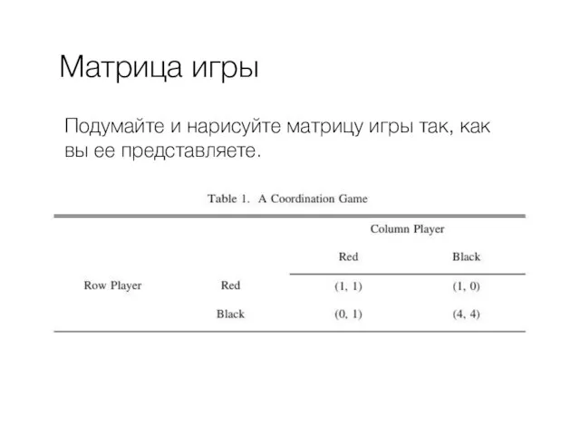 Матрица игры Подумайте и нарисуйте матрицу игры так, как вы ее представляете.