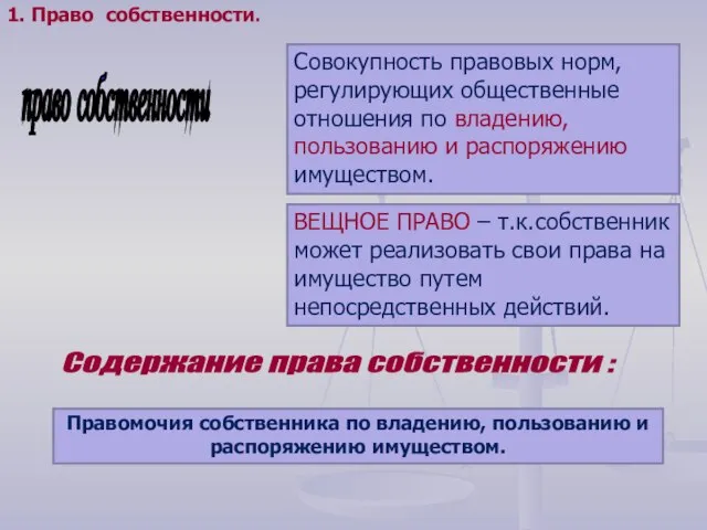 право собственности Совокупность правовых норм, регулирующих общественные отношения по владению, пользованию и