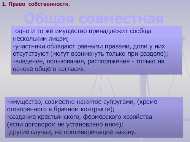 -одно и то же имущество принадлежит сообща нескольким лицам; -участники обладают равными