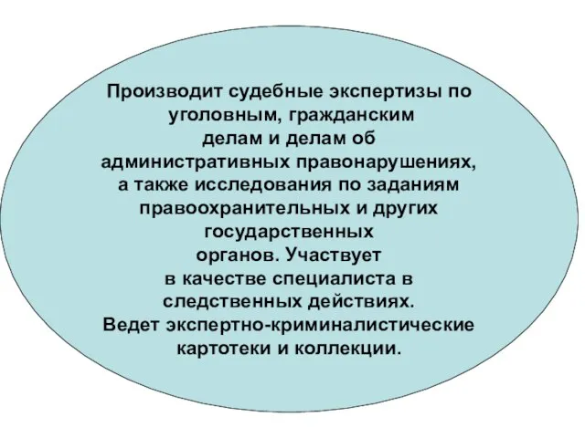 Производит судебные экспертизы по уголовным, гражданским делам и делам об административных правонарушениях,