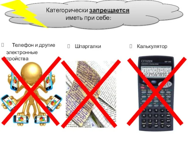 Телефон и другие электронные устройства Категорически запрещается иметь при себе: Шпаргалки Калькулятор