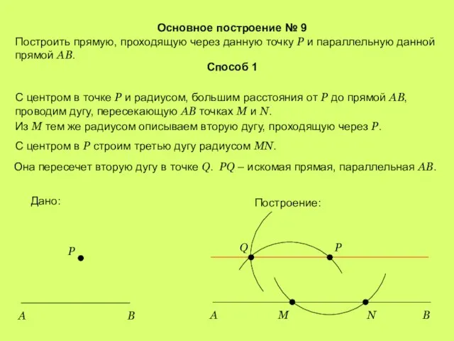 Основное построение № 9 Построить прямую, проходящую через данную точку Р и