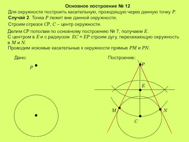 Основное построение № 12 Для окружности построить касательную, проходящую через данную точку