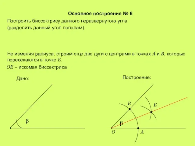 Основное построение № 6 Построить биссектрису данного неразвернутого угла (разделить данный угол