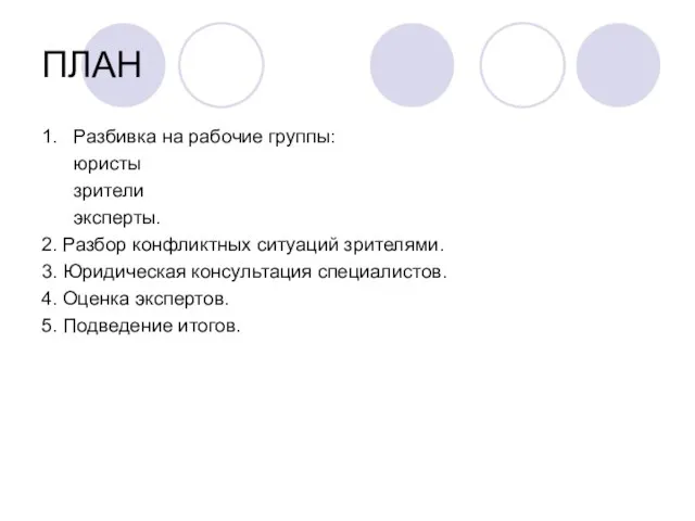 ПЛАН 1. Разбивка на рабочие группы: юристы зрители эксперты. 2. Разбор конфликтных