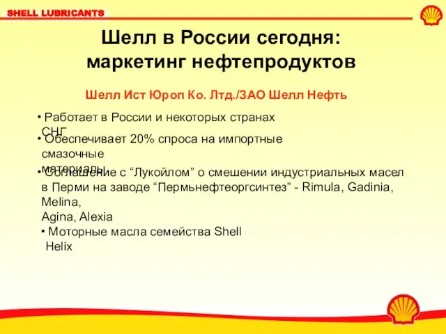 Шелл в России сегодня: маркетинг нефтепродуктов Шелл Ист Юроп Ко. Лтд./ЗАО Шелл