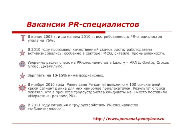Вакансии PR-специалистов В конце 2008 г. и до начала 2010 г. востребованность