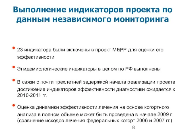 Выполнение индикаторов проекта по данным независимого мониторинга 23 индикатора были включены в