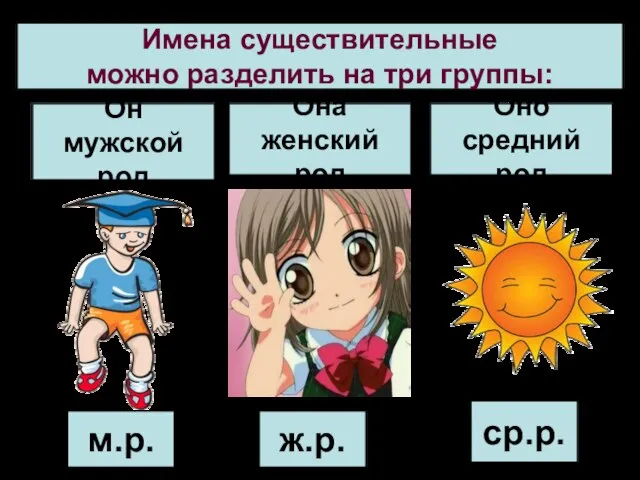 Имена существительные можно разделить на три группы: Он мужской род Она женский