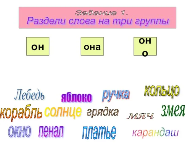 он она оно Задание 1. Раздели слова на три группы Лебедь яблоко