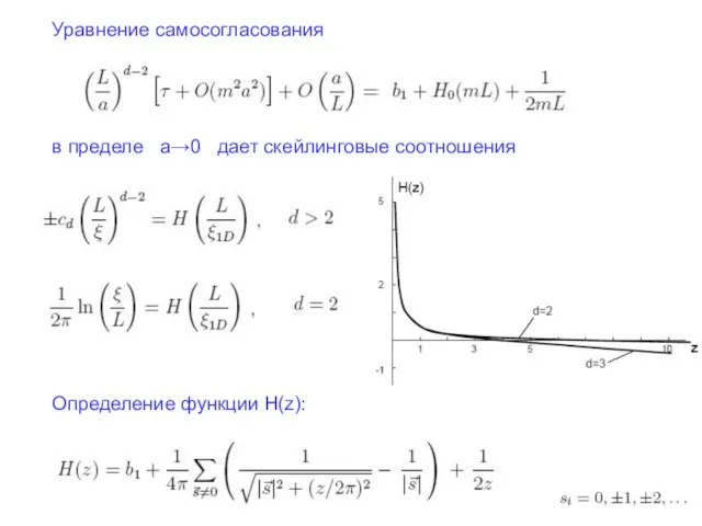 Уравнение самосогласования в пределе a→0 дает скейлинговые соотношения Определение функции H(z):