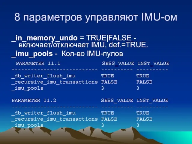 8 параметров управляют IMU-ом _in_memory_undo = TRUE|FALSE - включает/отключает IMU, def.=TRUE. _imu_pools
