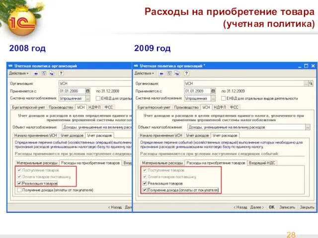 Расходы на приобретение товара (учетная политика) 2008 год 2009 год