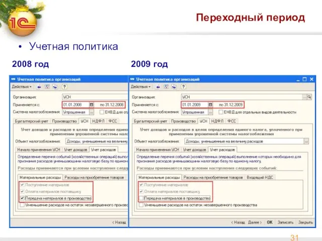 Переходный период Учетная политика 2008 год 2009 год