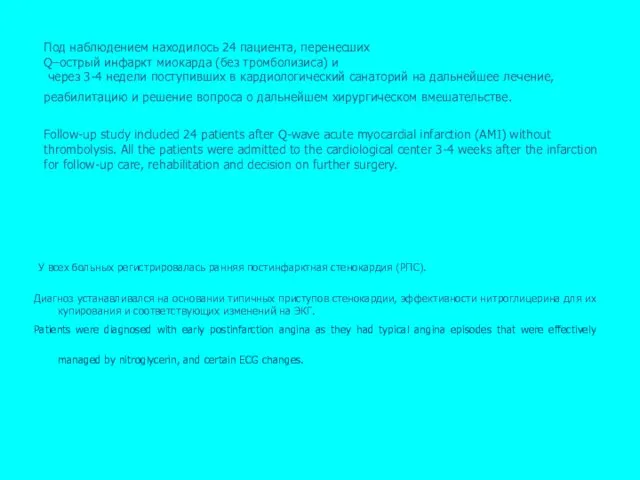 Под наблюдением находилось 24 пациента, перенесших Q–острый инфаркт миокарда (без тромболизиса) и