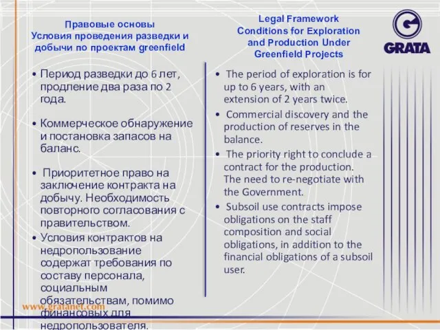 Правовые основы Условия проведения разведки и добычи по проектам greenfield Период разведки