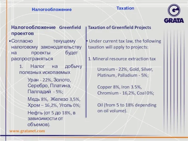 Налогообложение Налогообложение Greenfield проектов Согласно текущему налоговому законодательству на проекты будет распространяться