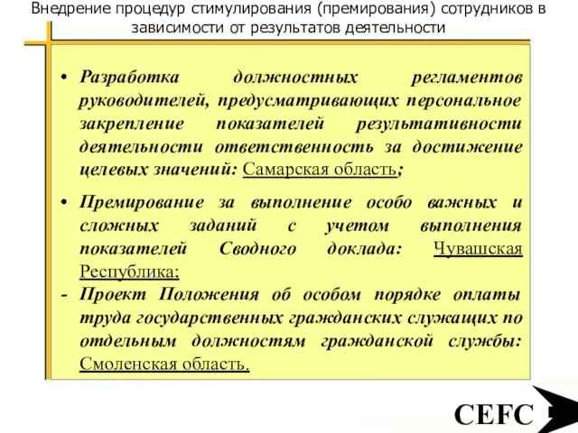 CEFC Внедрение процедур стимулирования (премирования) сотрудников в зависимости от результатов деятельности Разработка