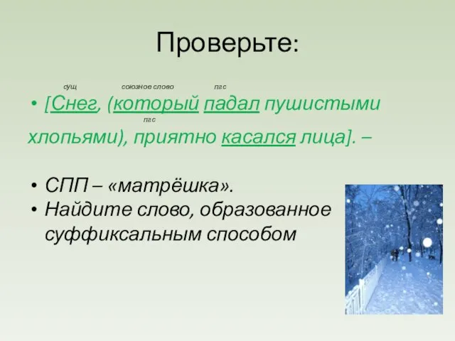 Проверьте: сущ союзное слово пгс [Снег, (который падал пушистыми пгс хлопьями), приятно