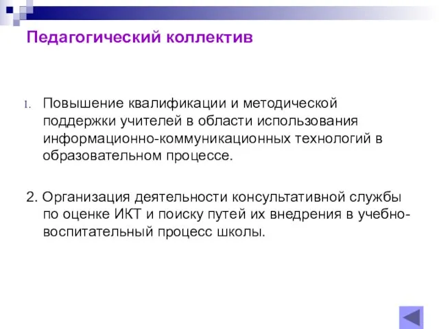 Педагогический коллектив Повышение квалификации и методической поддержки учителей в области использования информационно-коммуникационных