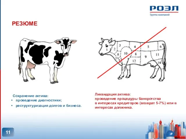 РЕЗЮМЕ Сохранение актива: проведение диагностики; реструктуризация долгов и бизнеса. Ликвидация актива: проведение