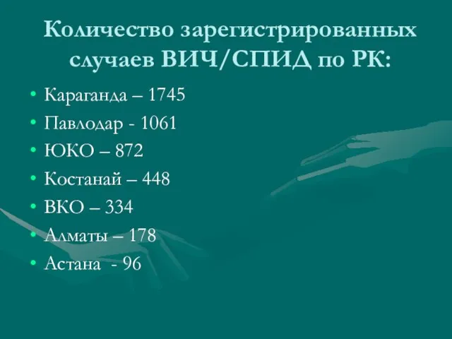 Количество зарегистрированных случаев ВИЧ/СПИД по РК: Караганда – 1745 Павлодар - 1061