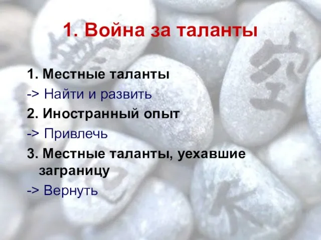 1. Война за таланты 1. Местные таланты -> Найти и развить 2.