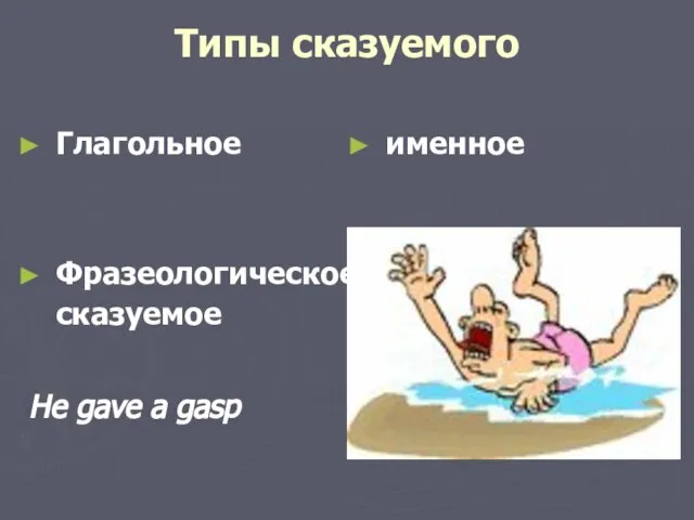 Типы сказуемого Глагольное Фразеологическое сказуемое He gave a gasp именное