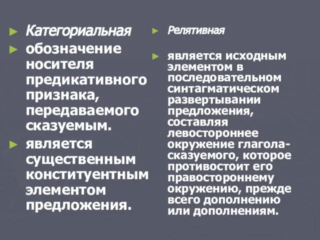 Категориальная обозначение носителя предикативного признака, передаваемого сказуемым. является существенным конституентным элементом предложения.