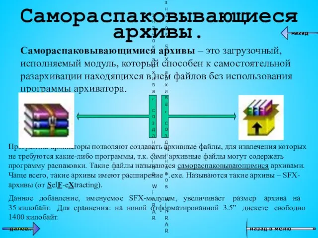 Самораспаковывающиеся архивы. Программы-архиваторы позволяют создавать архивные файлы, для извлечения которых не требуются