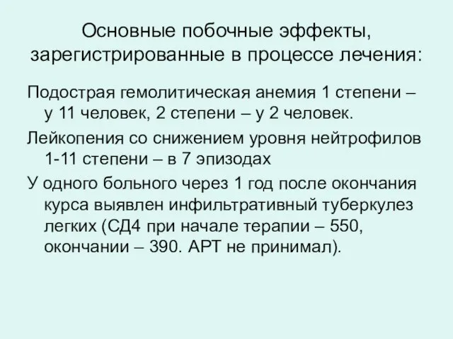 Основные побочные эффекты, зарегистрированные в процессе лечения: Подострая гемолитическая анемия 1 степени