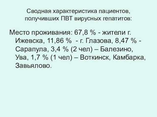 Сводная характеристика пациентов, получивших ПВТ вирусных гепатитов: Место проживания: 67,8 % -