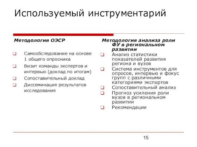 Используемый инструментарий Методология ОЭСР Самообследование на основе 1 общего опросника Визит команды