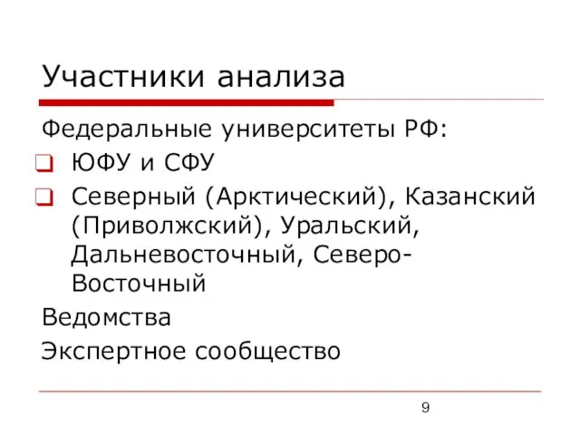 Участники анализа Федеральные университеты РФ: ЮФУ и СФУ Северный (Арктический), Казанский (Приволжский),