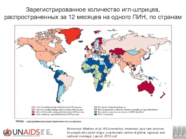 Зарегистрированное количество игл-шприцев, распространенных за 12 месяцев на одного ПИН, по странам