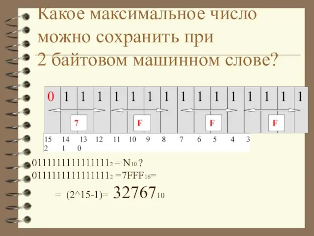 Какое максимальное число можно сохранить при 2 байтовом машинном слове? 01111111111111112 =