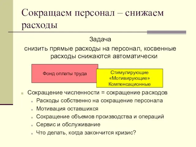 Сокращаем персонал – снижаем расходы Задача снизить прямые расходы на персонал, косвенные