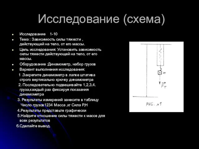 Исследование (схема) Исследование 1-10 Тема : Зависимость силы тяжести , действующей на