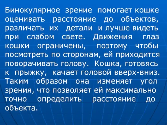 Бинокулярное зрение помогает кошке оценивать расстояние до объектов, различать их детали и